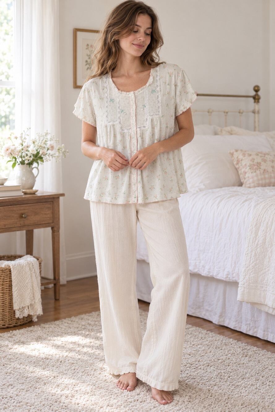Vintage Aria Floral Knit Bed Jacket Pajama Top Lace Trim Cottagecore